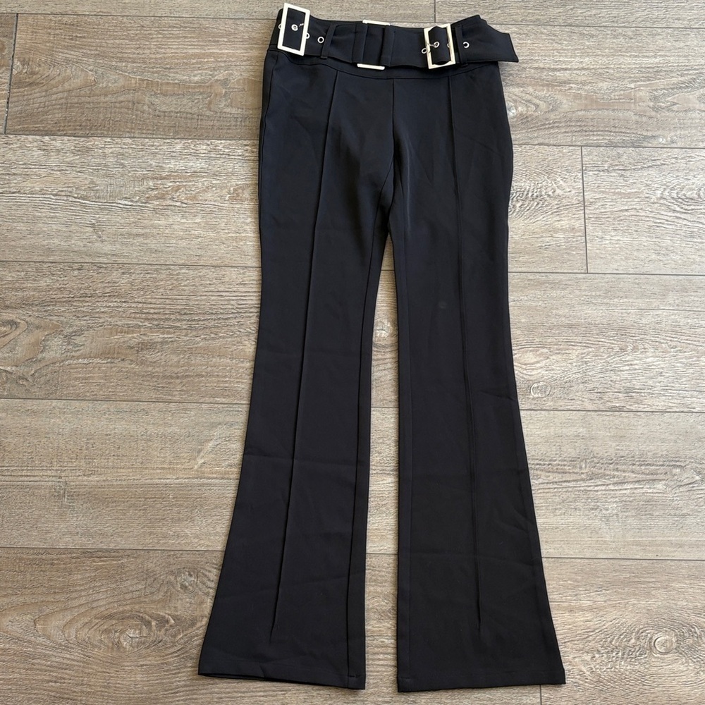 Dolls Kill Generation Kiss Mid-Rise Black Flare Pant Attached Multi Buckle Belt